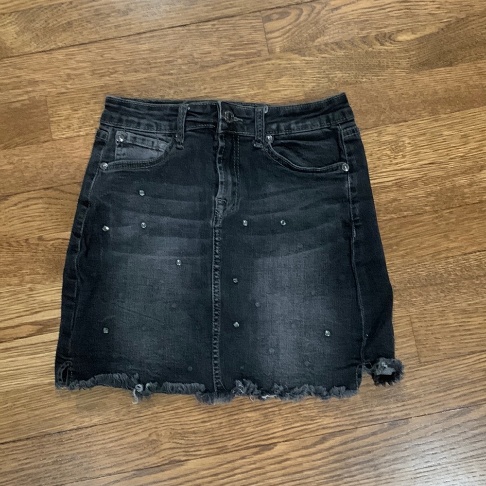 “Diamond” studded faded black denim skirt